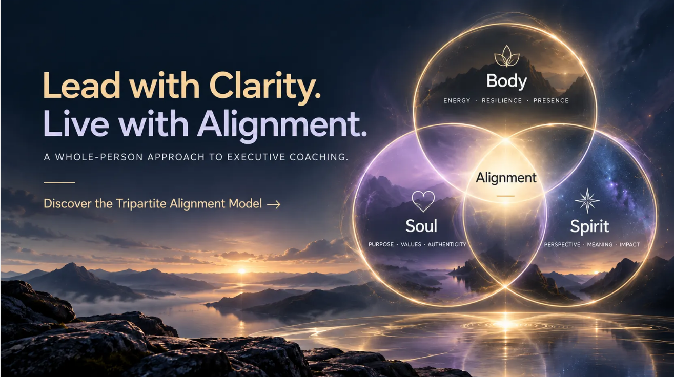 Three glowing overlapping circles labeled Body, Soul, and Spirit, meeting in the center at Alignment, over a mountain landscape at sunrise